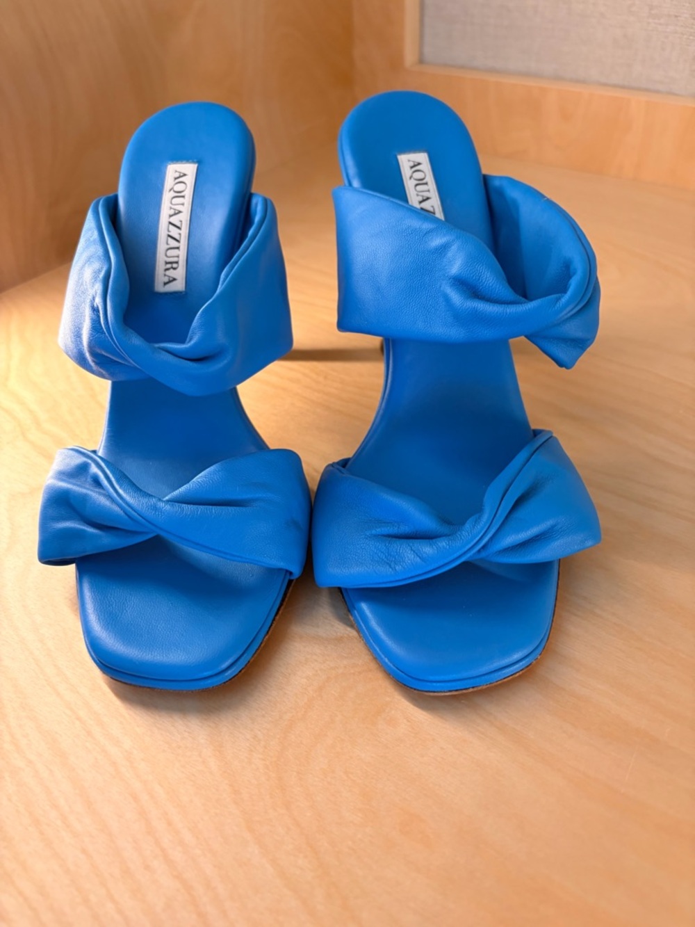 Aquazzura Electric Blue Knotted Leather Heeled Slides